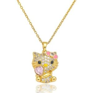 18K Gold Plated Hello Kitty Pave Diamond Inlay Necklace Sanrio Character Kawaii